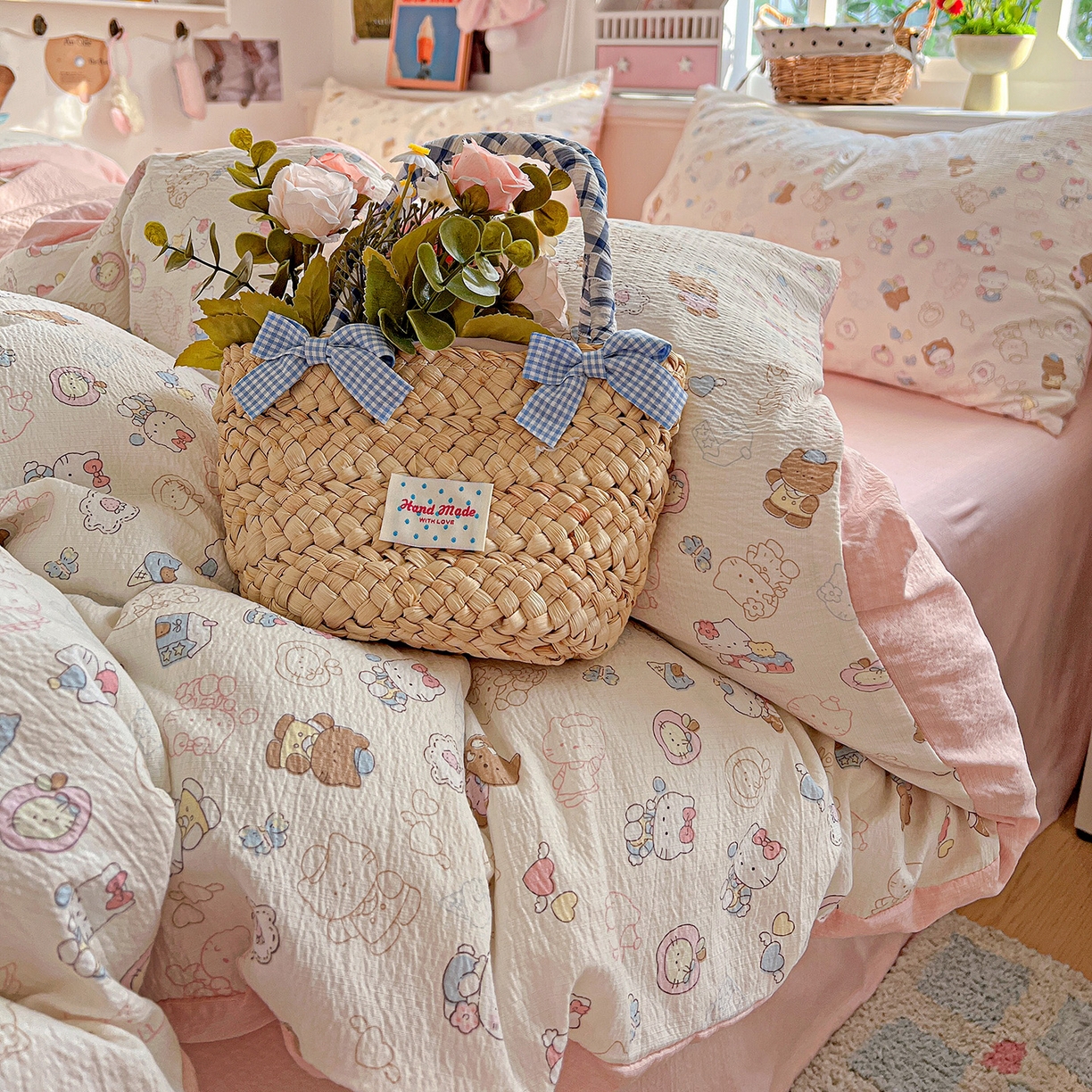 91家纺网 家纺一手货源 找家纺 N先生+V 13814689556 发大图/买家秀 2026春夏新款泡芙云感双层纱四件套 欢乐猫咪