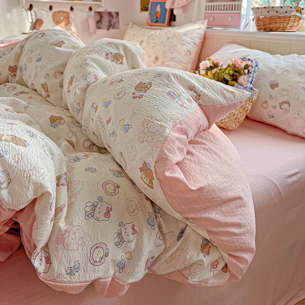 91家纺网 家纺一手货源 找家纺 N先生+V 13814689556 发大图/买家秀 2026春夏新款泡芙云感双层纱四件套 欢乐猫咪