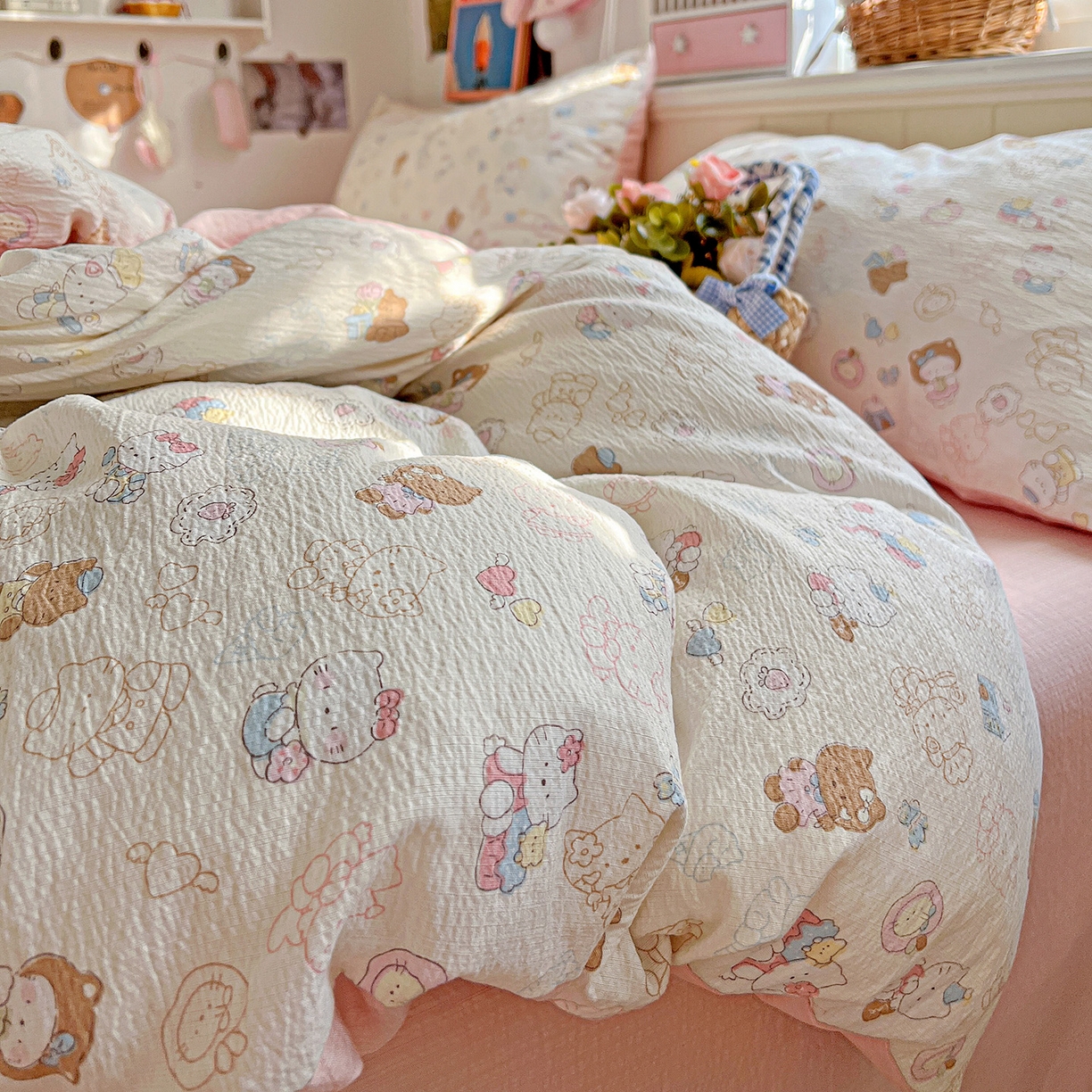 91家纺网 家纺一手货源 找家纺 N先生+V 13814689556 发大图/买家秀 2026春夏新款泡芙云感双层纱四件套 欢乐猫咪