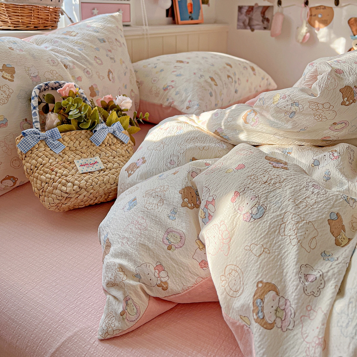 91家纺网 家纺一手货源 找家纺 N先生+V 13814689556 发大图/买家秀 2026春夏新款泡芙云感双层纱四件套 欢乐猫咪