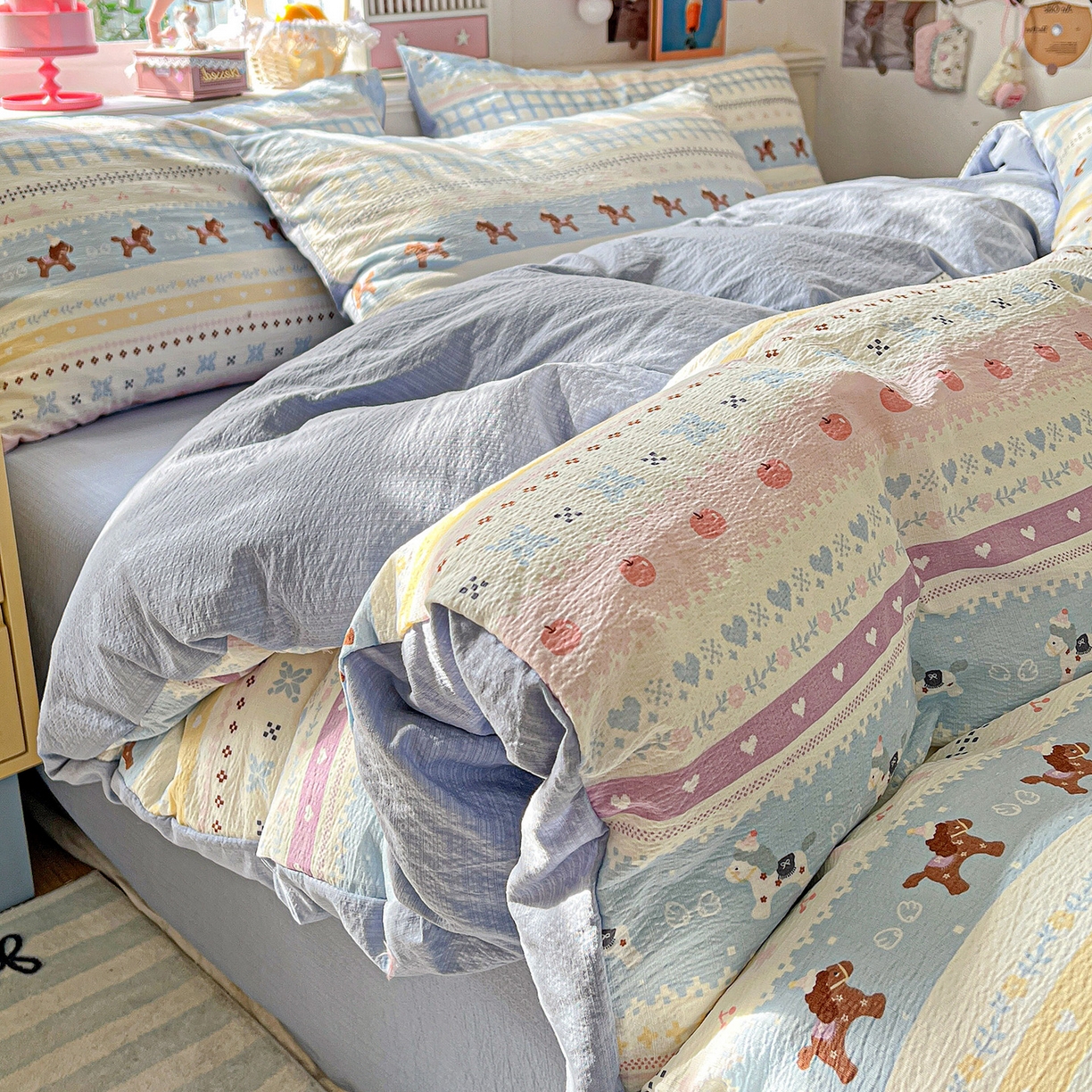 91家纺网 家纺一手货源 找家纺 N先生+V 13814689556 发大图/买家秀 2026春夏新款泡芙云感双层纱四件套 旋转木马