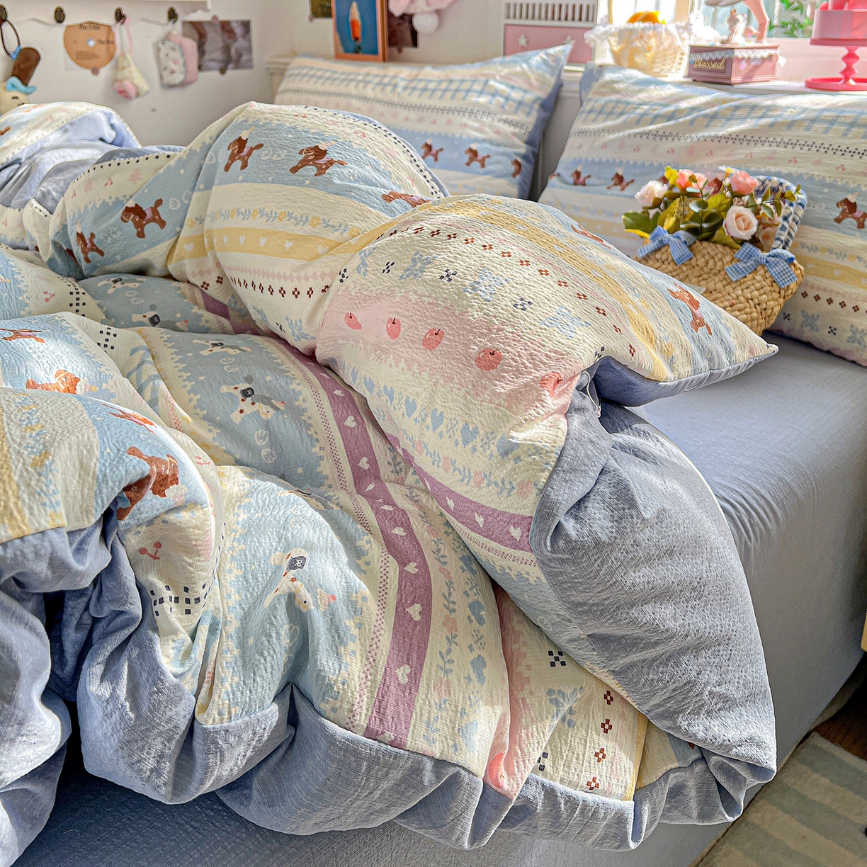 91家纺网 家纺一手货源 找家纺 N先生+V 13814689556 发大图/买家秀 2026春夏新款泡芙云感双层纱四件套 旋转木马