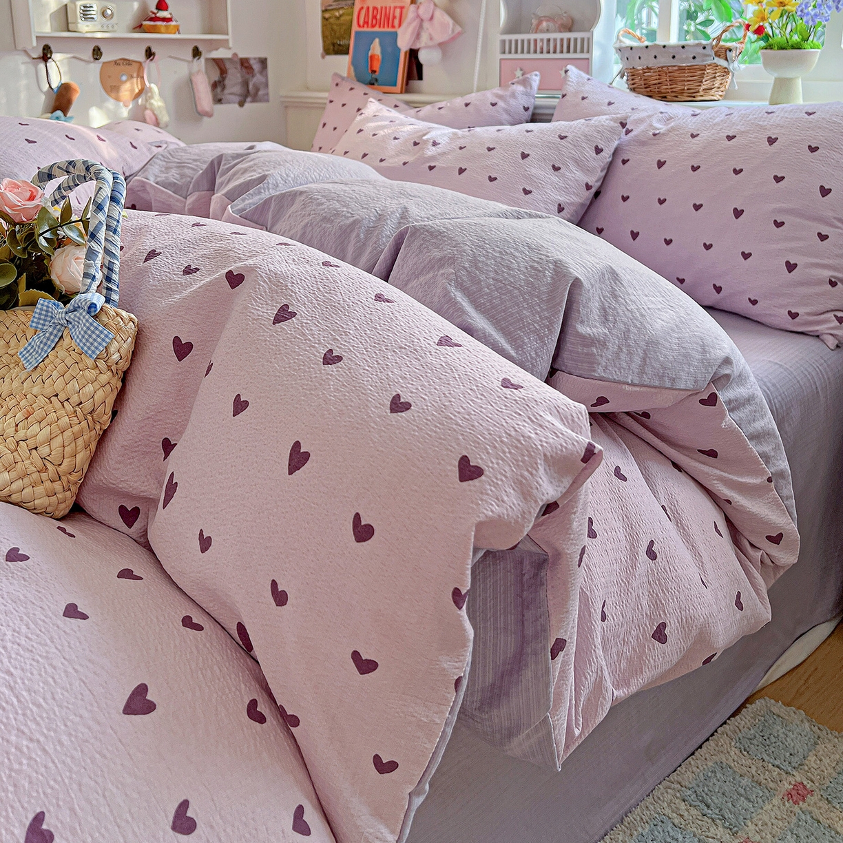 91家纺网 家纺一手货源 找家纺 N先生+V 13814689556 发大图/买家秀 2026春夏新款泡芙云感双层纱四件套 紫色心情