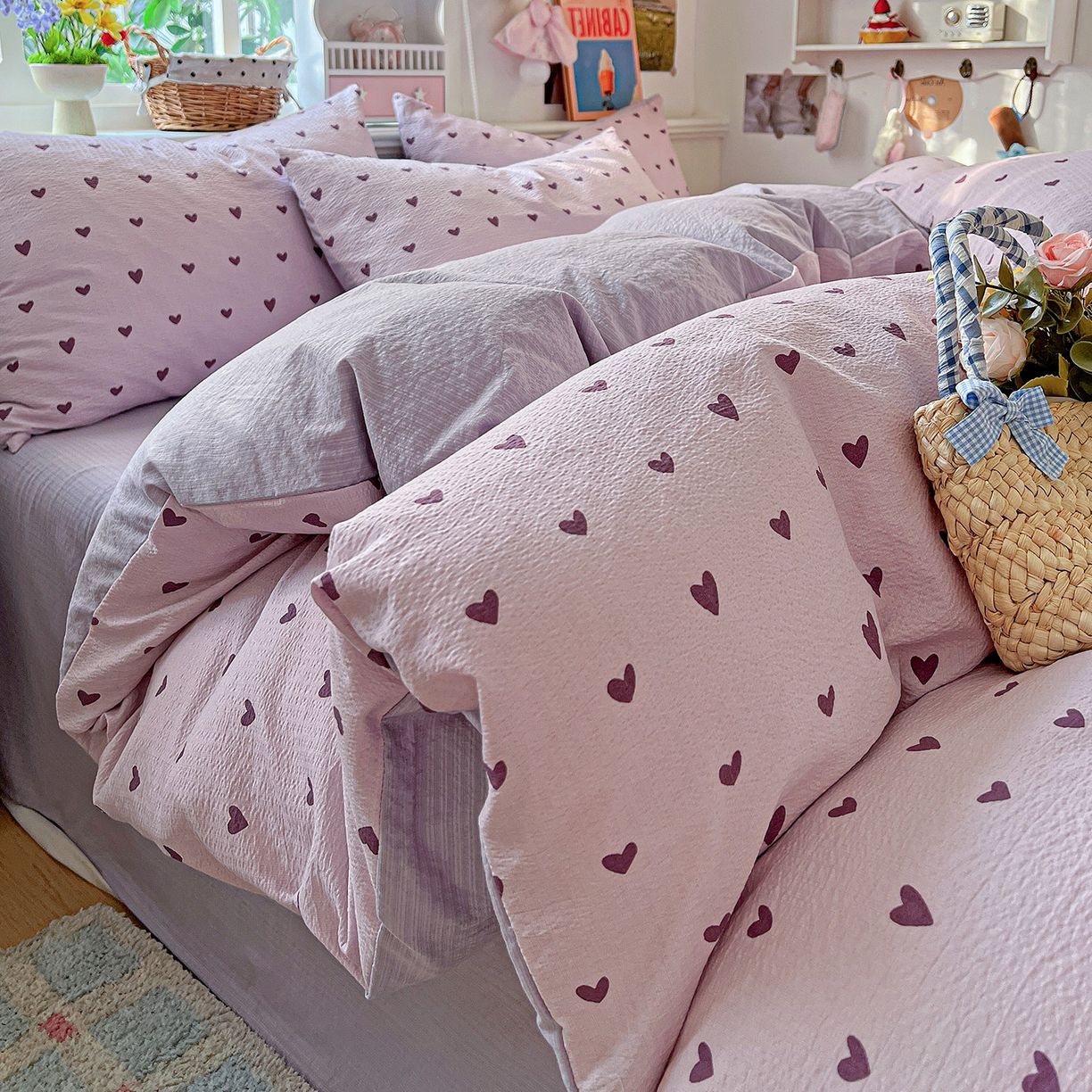 91家纺网 家纺一手货源 找家纺 N先生+V 13814689556 发大图/买家秀 2026春夏新款泡芙云感双层纱四件套 紫色心情