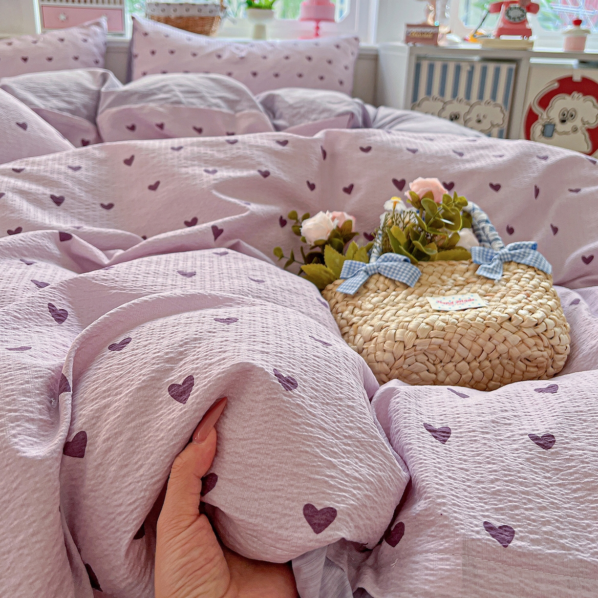 91家纺网 家纺一手货源 找家纺 N先生+V 13814689556 发大图/买家秀 2026春夏新款泡芙云感双层纱四件套 紫色心情