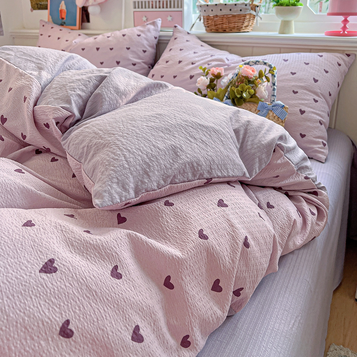 91家纺网 家纺一手货源 找家纺 N先生+V 13814689556 发大图/买家秀 2026春夏新款泡芙云感双层纱四件套 紫色心情