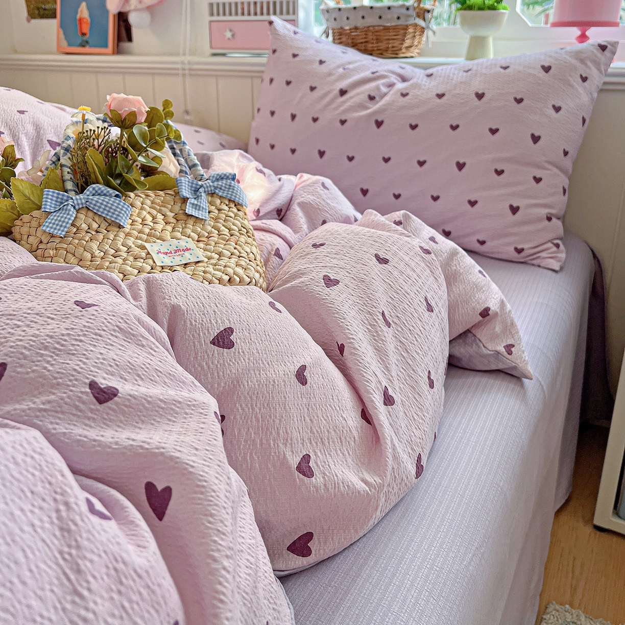 91家纺网 家纺一手货源 找家纺 N先生+V 13814689556 发大图/买家秀 2026春夏新款泡芙云感双层纱四件套 紫色心情