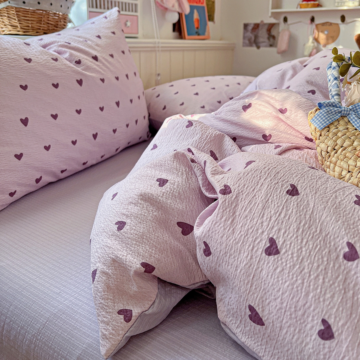 91家纺网 家纺一手货源 找家纺 N先生+V 13814689556 发大图/买家秀 2026春夏新款泡芙云感双层纱四件套 紫色心情