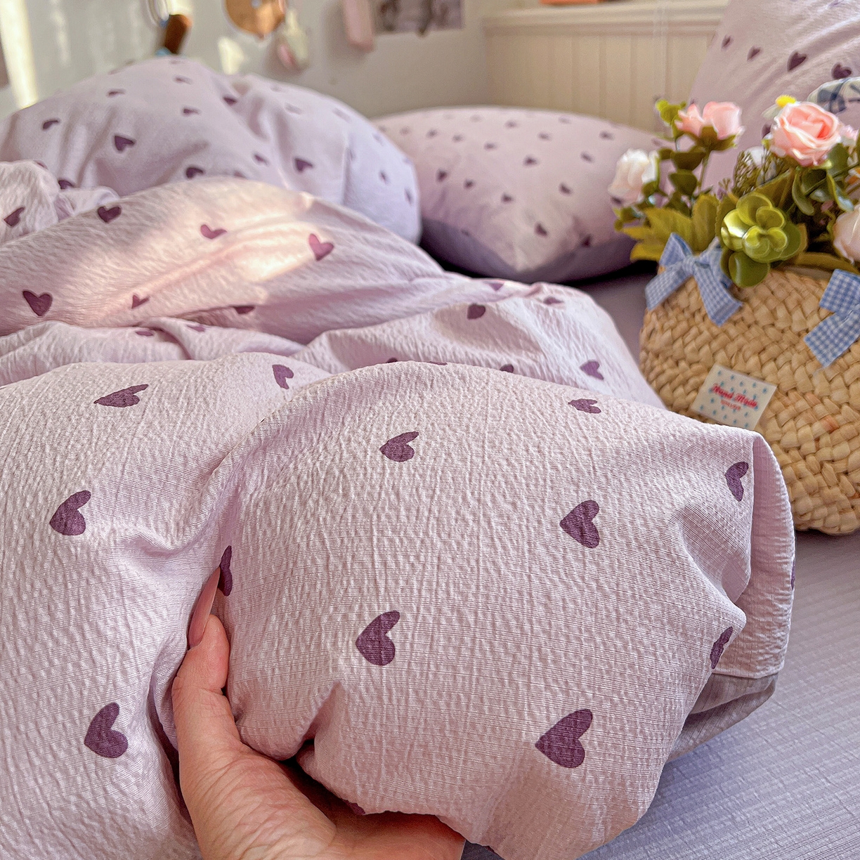 91家纺网 家纺一手货源 找家纺 N先生+V 13814689556 发大图/买家秀 2026春夏新款泡芙云感双层纱四件套 紫色心情