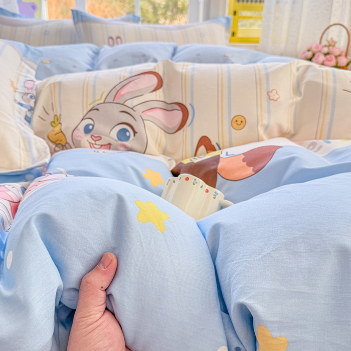 91家纺网 家纺一手货源 找家纺 禧安居 2025新款高支高密活性印染全棉印花四件套全棉四件套三件套被套（支持定制尺寸）狐狸兔