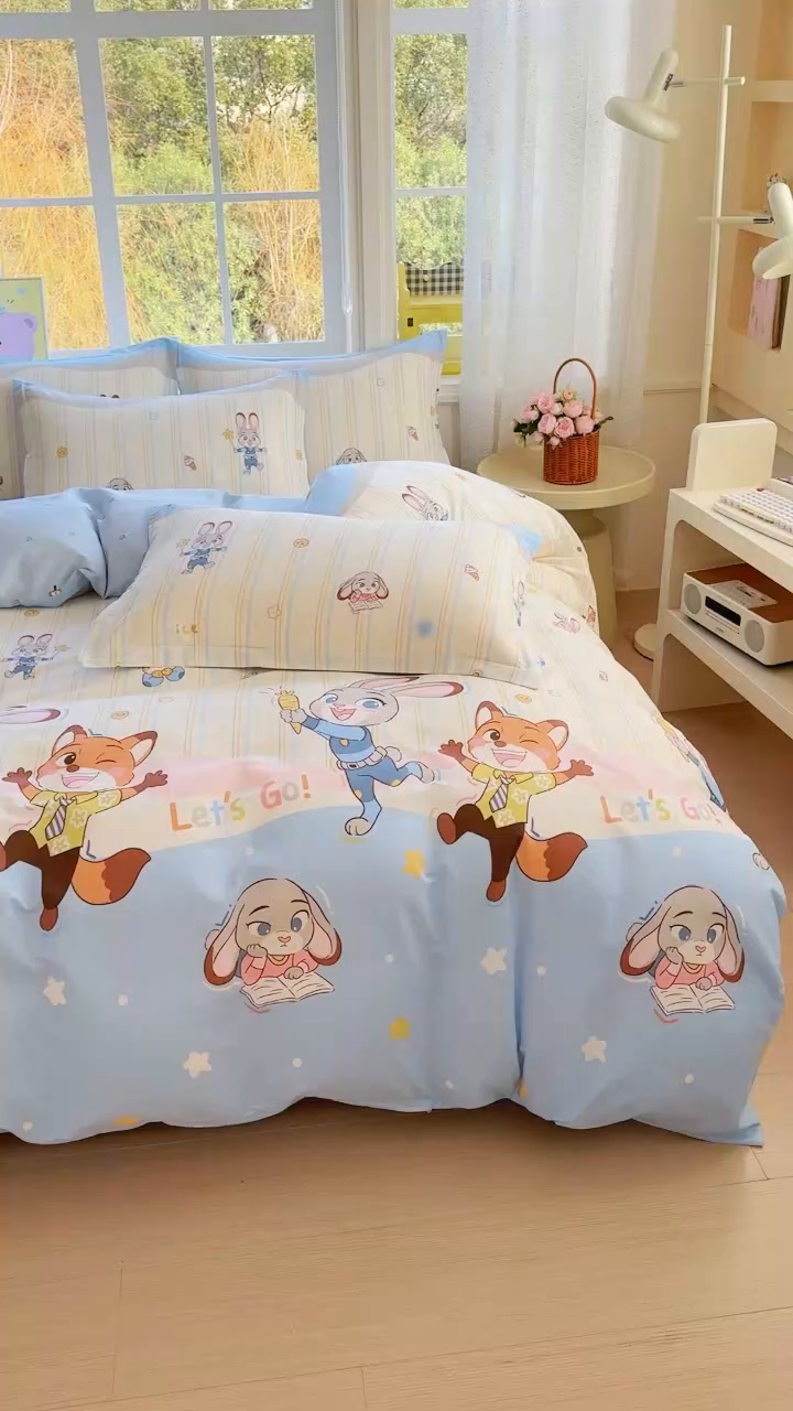 91家纺网 家纺一手货源 找家纺 禧安居 2025新款高支高密活性印染全棉印花四件套全棉四件套三件套被套（支持定制尺寸）狐狸兔