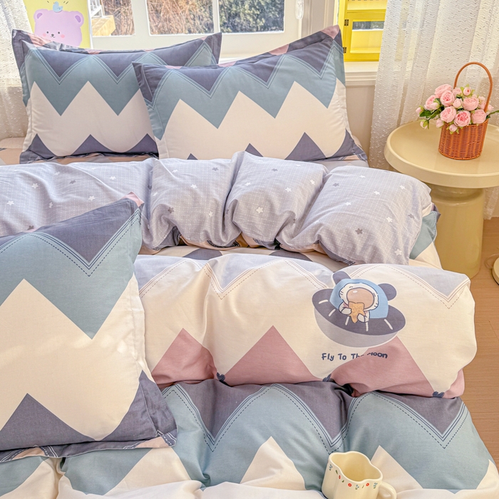 91家纺网 家纺一手货源 找家纺 禧安居 2025新款高支高密活性印染全棉印花四件套全棉四件套三件套被套（支持定制尺寸）几何飞船