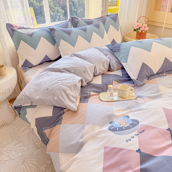 91家纺网 家纺一手货源 找家纺 禧安居 2025新款高支高密活性印染全棉印花四件套全棉四件套三件套被套（支持定制尺寸）几何飞船
