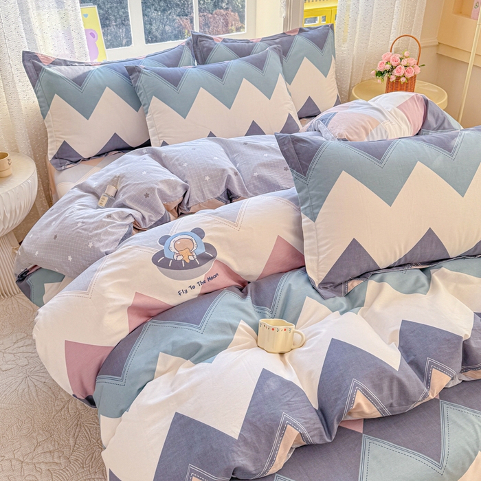 91家纺网 家纺一手货源 找家纺 禧安居 2025新款高支高密活性印染全棉印花四件套全棉四件套三件套被套（支持定制尺寸）几何飞船