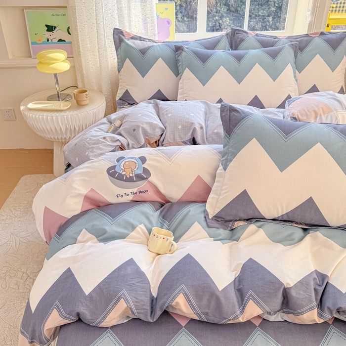 91家纺网 家纺一手货源 找家纺 禧安居 2025新款高支高密活性印染全棉印花四件套全棉四件套三件套被套（支持定制尺寸）几何飞船