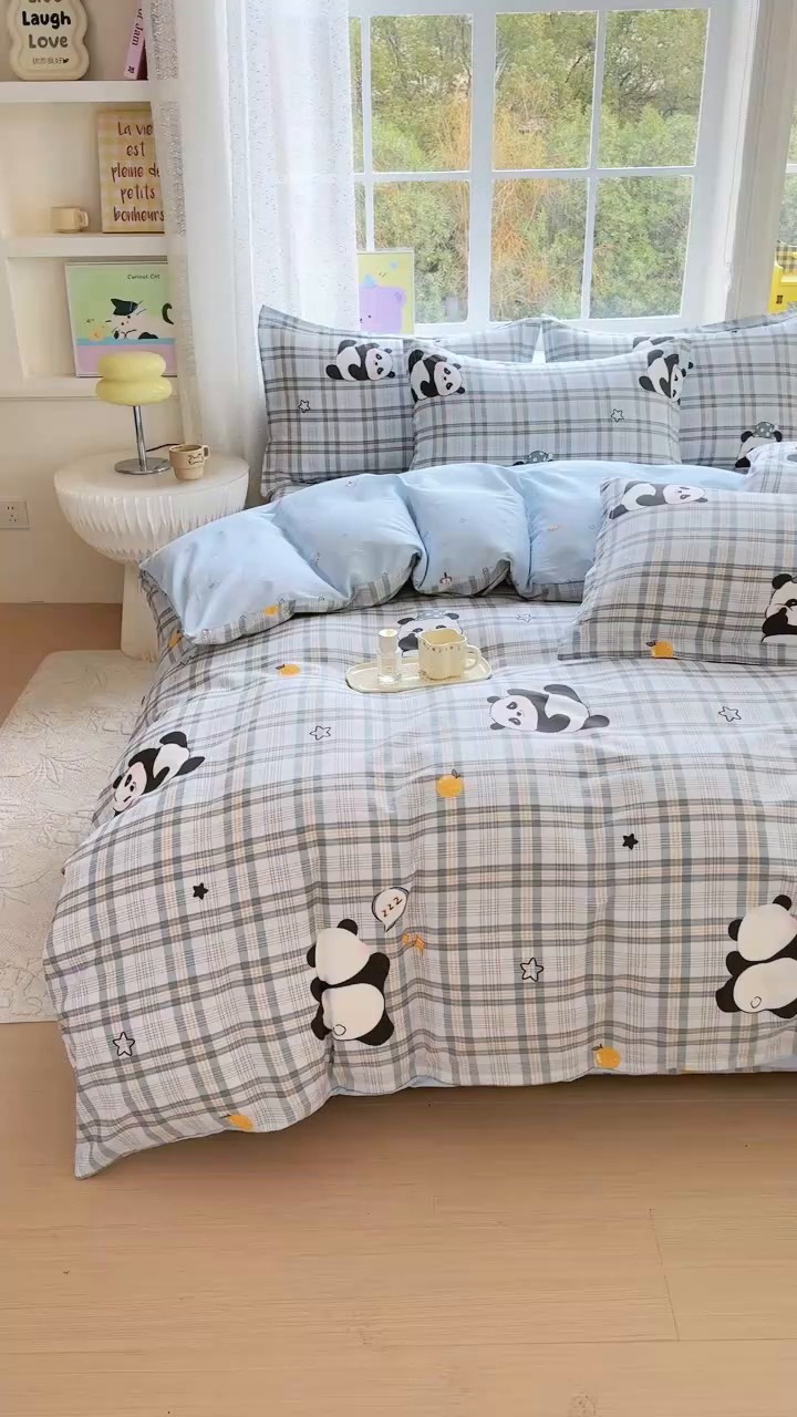 91家纺网 家纺一手货源 找家纺 禧安居 2025新款高支高密活性印染全棉印花四件套全棉四件套三件套被套（支持定制尺寸）熊猫美梦