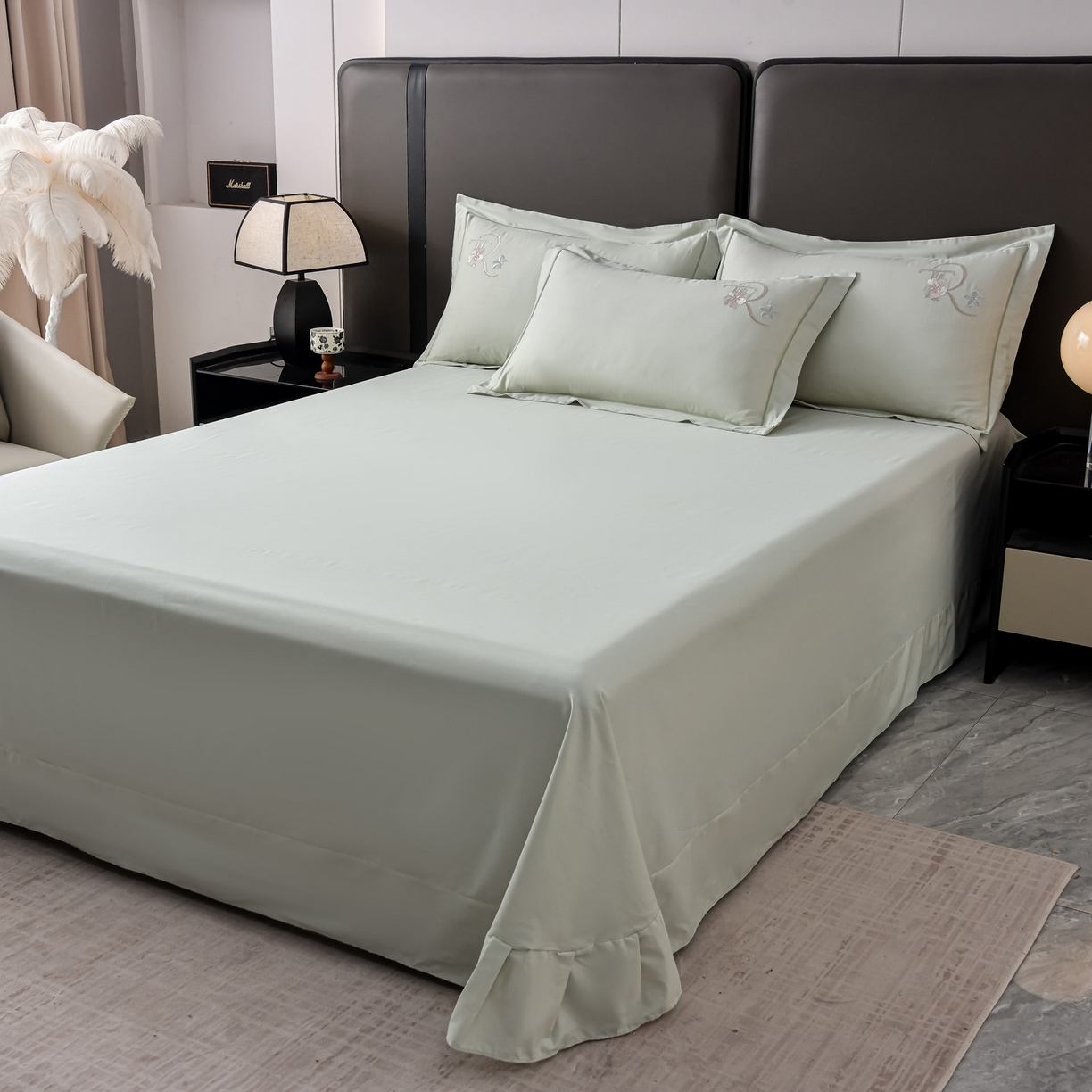 91家纺网 家纺一手货源 找家纺 森林雨 【素-凝绣】2026新款133x76高精密刺绣100%全棉四件套 春妍-春晨绿