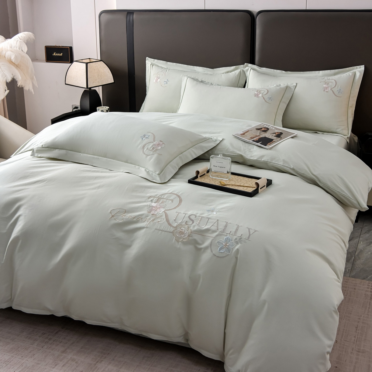 91家纺网 家纺一手货源 找家纺 森林雨 【素-凝绣】2026新款133x76高精密刺绣100%全棉四件套 春妍-春晨绿