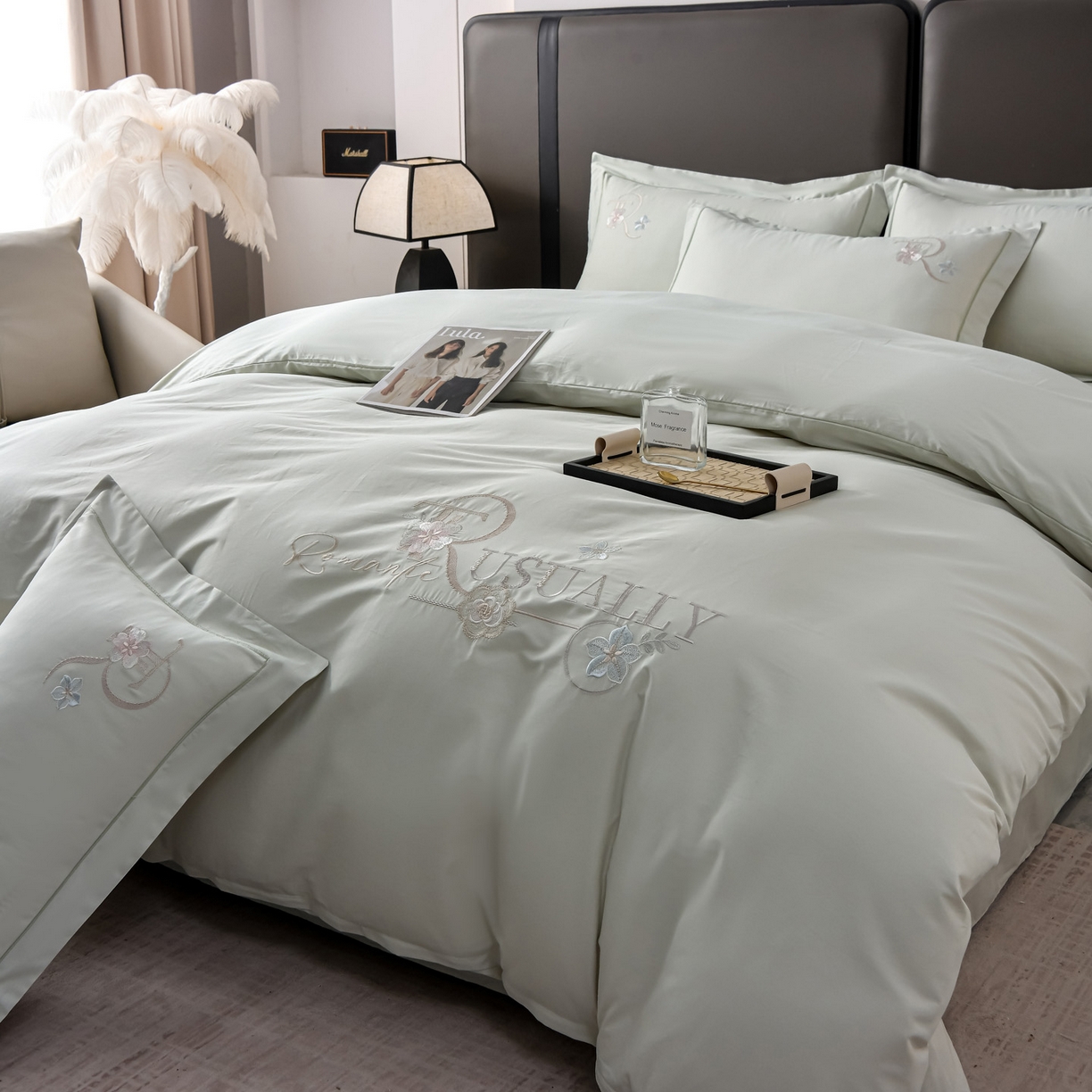 91家纺网 家纺一手货源 找家纺 森林雨 【素-凝绣】2026新款133x76高精密刺绣100%全棉四件套 春妍-春晨绿