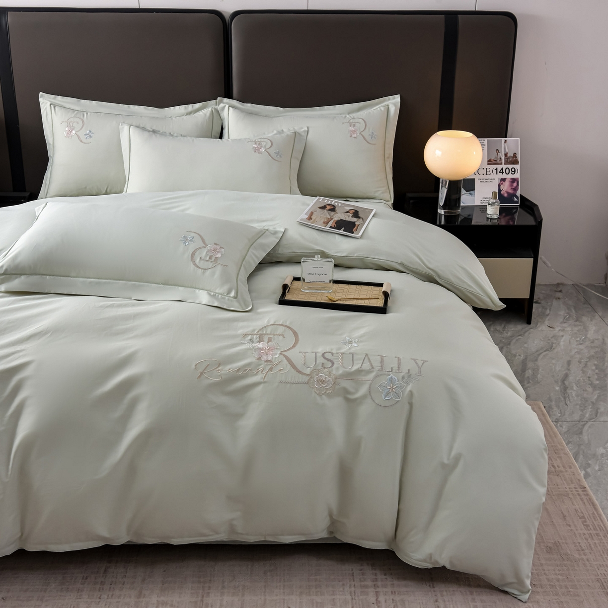 91家纺网 家纺一手货源 找家纺 森林雨 【素-凝绣】2026新款133x76高精密刺绣100%全棉四件套 春妍-春晨绿