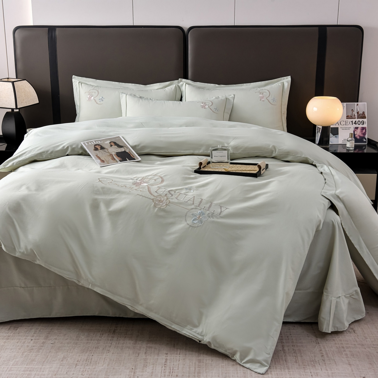 91家纺网 家纺一手货源 找家纺 森林雨 【素-凝绣】2026新款133x76高精密刺绣100%全棉四件套 春妍-春晨绿