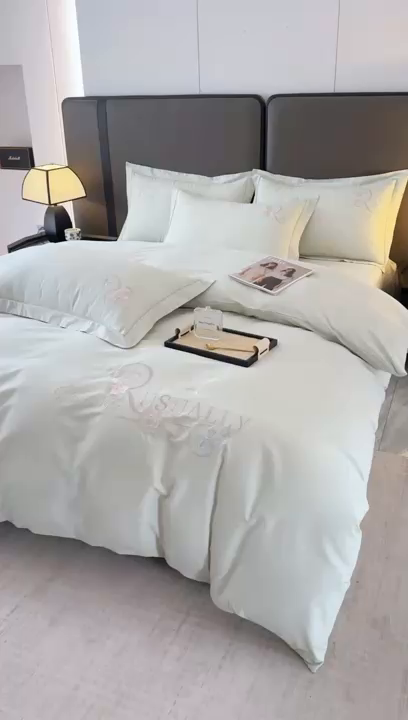 91家纺网 家纺一手货源 找家纺 森林雨 【素-凝绣】2026新款133x76高精密刺绣100%全棉四件套 春妍-春晨绿