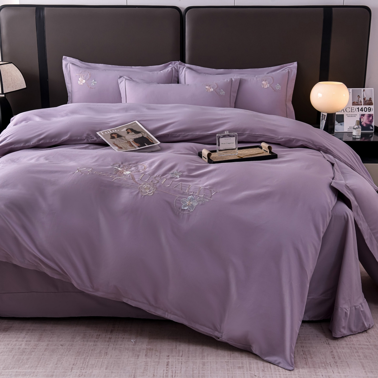 91家纺网 家纺一手货源 找家纺 森林雨 【素-凝绣】2026新款133x76高精密刺绣100%全棉四件套 春妍-海沫紫