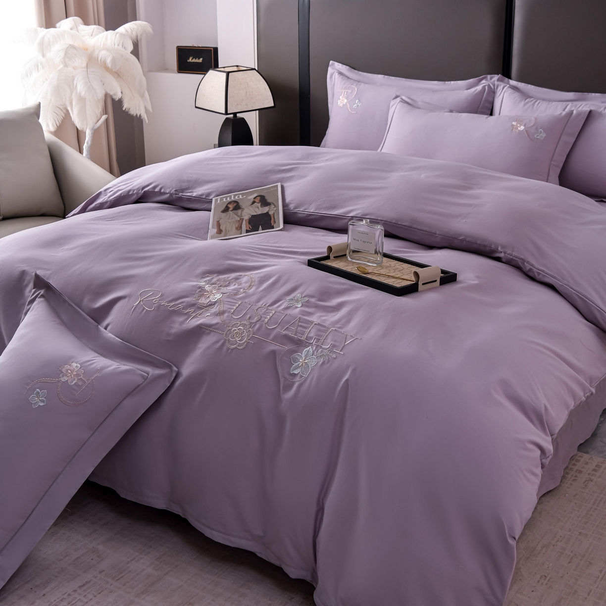 91家纺网 家纺一手货源 找家纺 森林雨 【素-凝绣】2026新款133x76高精密刺绣100%全棉四件套 春妍-海沫紫