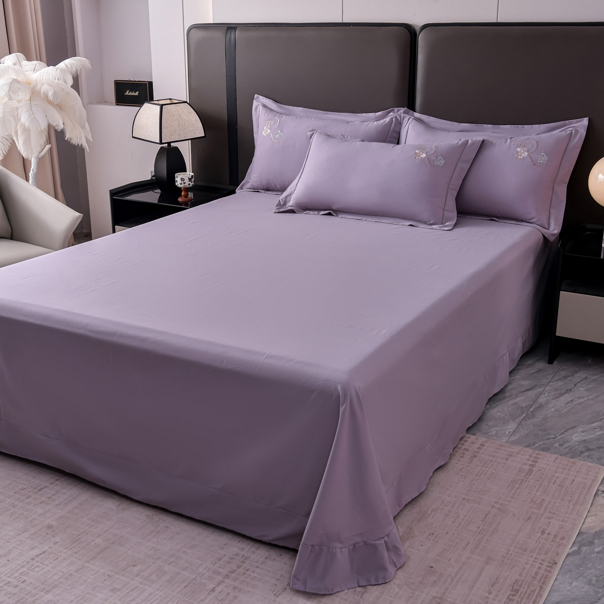 91家纺网 家纺一手货源 找家纺 森林雨 【素-凝绣】2026新款133x76高精密刺绣100%全棉四件套 春妍-海沫紫