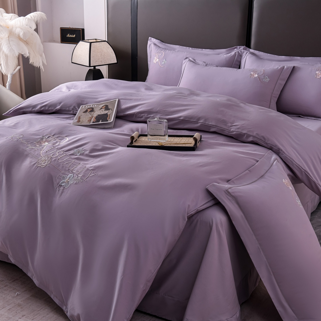 91家纺网 家纺一手货源 找家纺 森林雨 【素-凝绣】2026新款133x76高精密刺绣100%全棉四件套 春妍-海沫紫