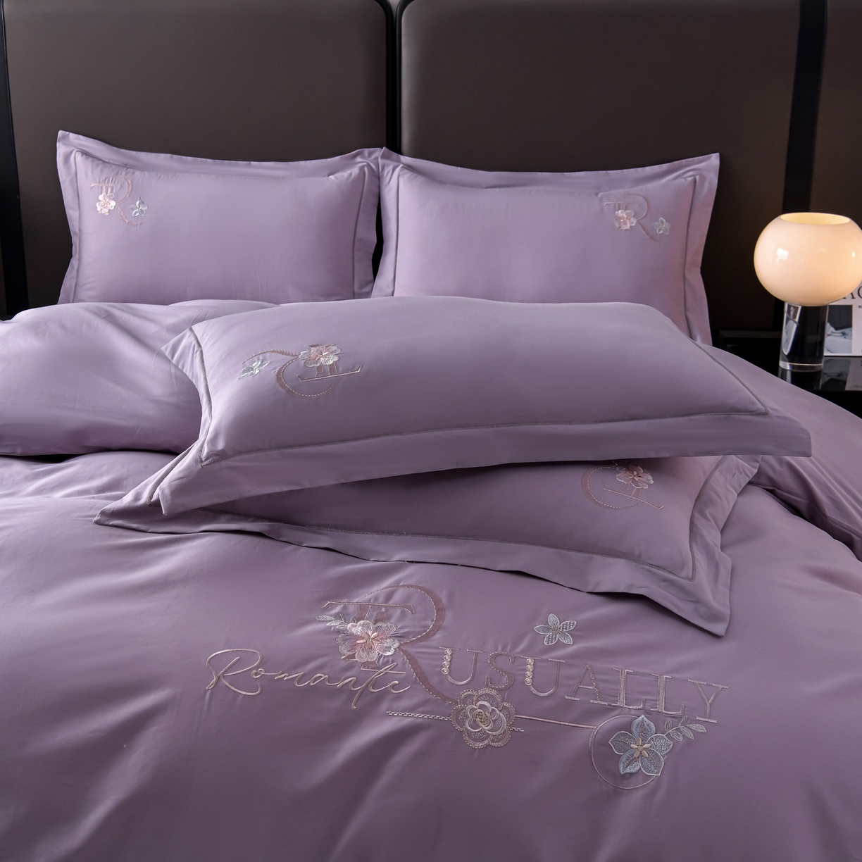 91家纺网 家纺一手货源 找家纺 森林雨 【素-凝绣】2026新款133x76高精密刺绣100%全棉四件套 春妍-海沫紫