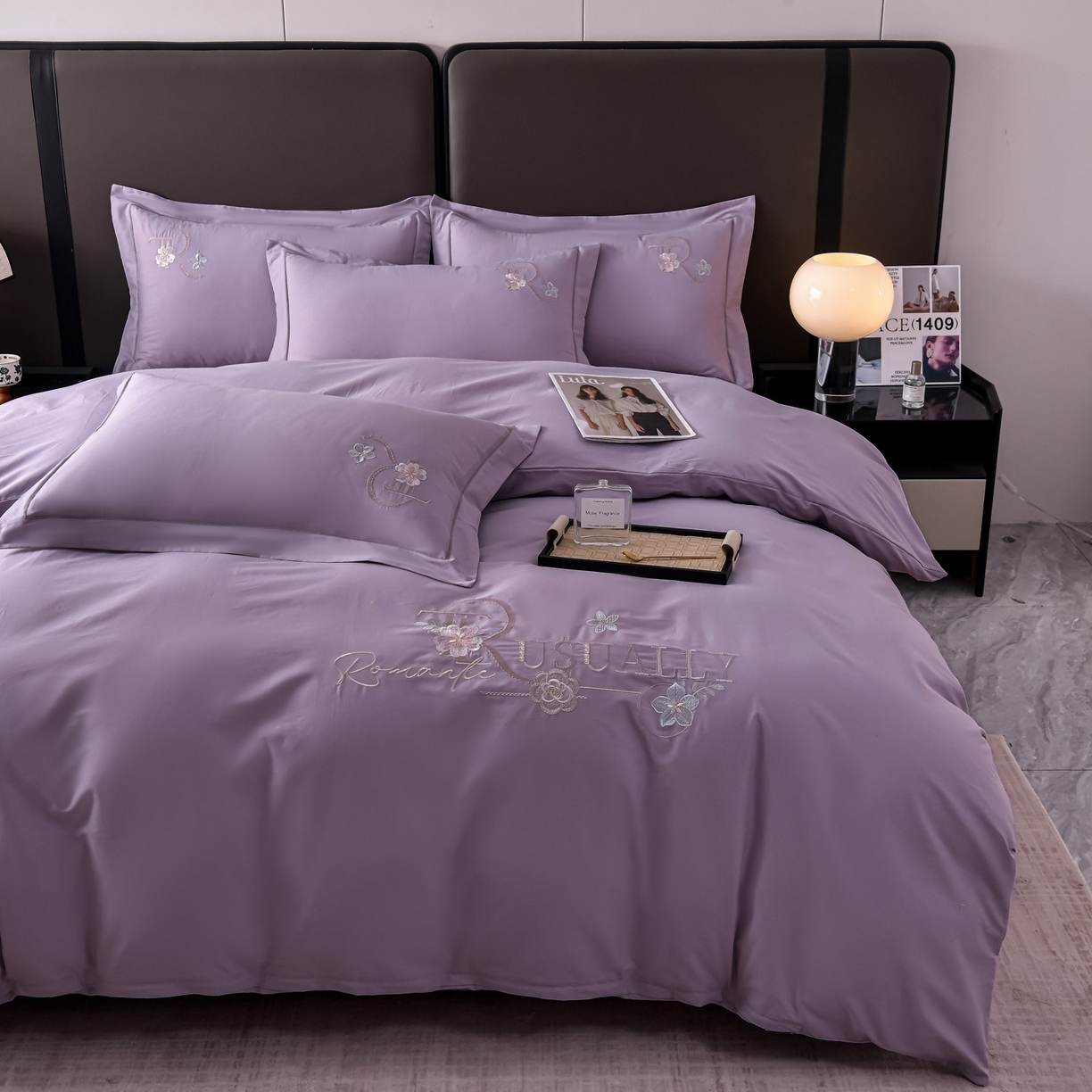 91家纺网 家纺一手货源 找家纺 森林雨 【素-凝绣】2026新款133x76高精密刺绣100%全棉四件套 春妍-海沫紫