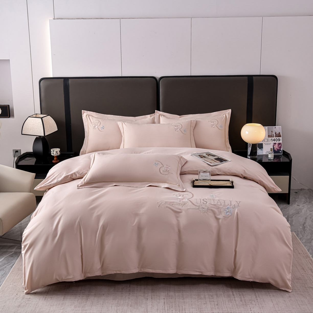 森林雨 【素-凝绣】2026新款133x76高精密刺绣100%全棉四件套 春妍-拿铁棕