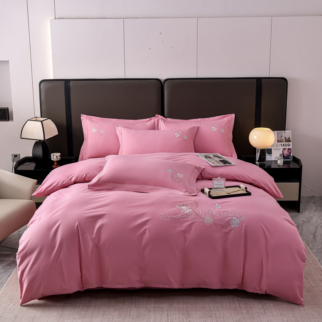 森林雨 【素-凝绣】2026新款133x76高精密刺绣100%全棉四件套 春妍-蔷薇粉