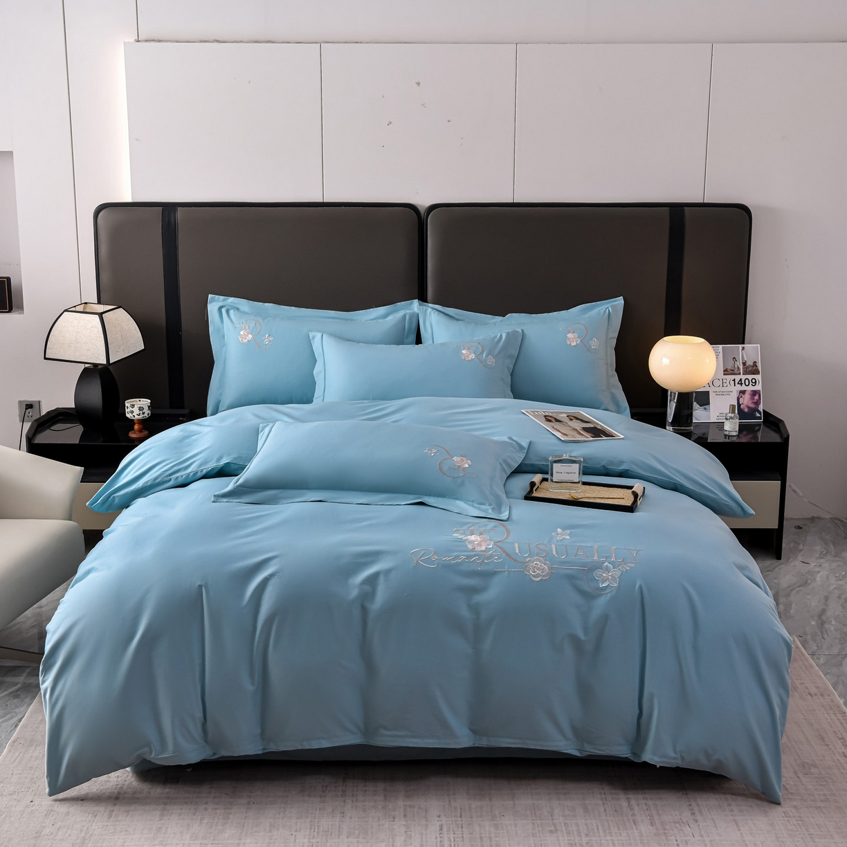 森林雨 【素-凝绣】2026新款133x76高精密刺绣100%全棉四件套 春妍-溪水蓝