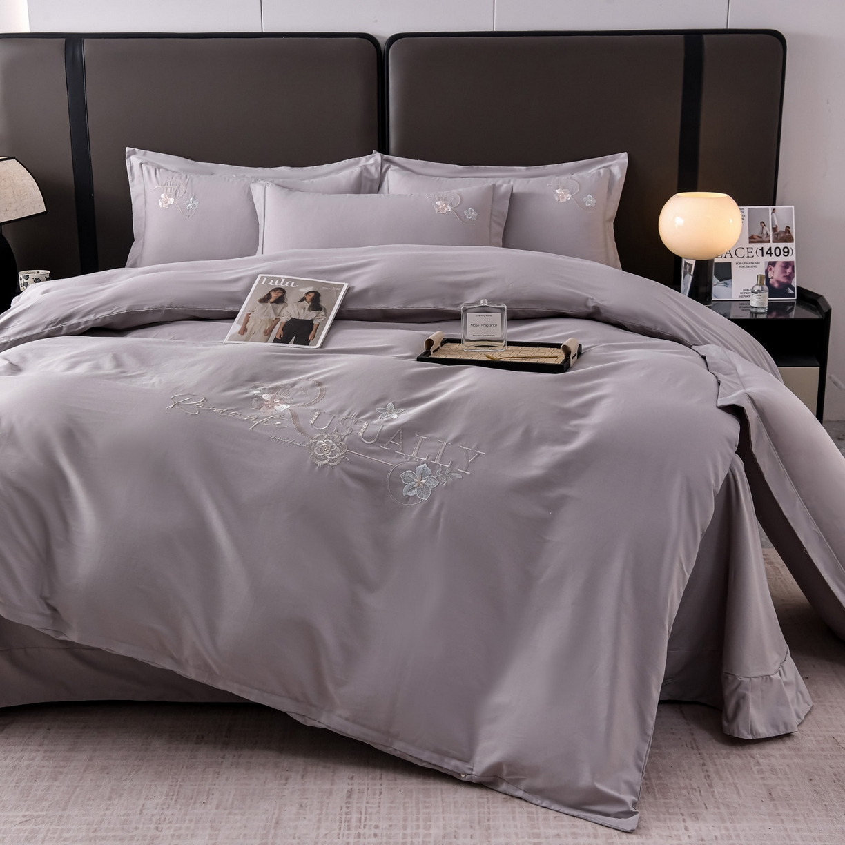 91家纺网 家纺一手货源 找家纺 森林雨 【素-凝绣】2026新款133x76高精密刺绣100%全棉四件套 春妍-鱼尾灰