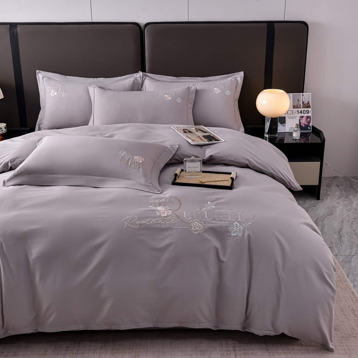 91家纺网 家纺一手货源 找家纺 森林雨 【素-凝绣】2026新款133x76高精密刺绣100%全棉四件套 春妍-鱼尾灰