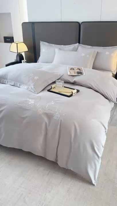 91家纺网 家纺一手货源 找家纺 森林雨 【素-凝绣】2026新款133x76高精密刺绣100%全棉四件套 春妍-鱼尾灰