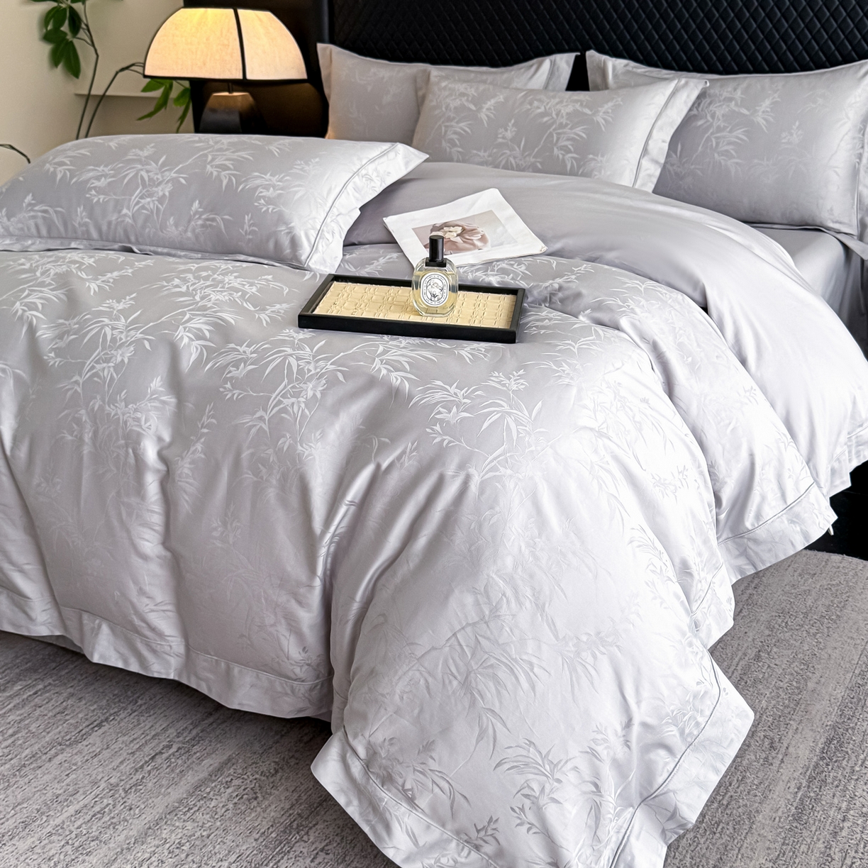 91家纺网 家纺一手货源 找家纺 森林雨 【翡-鎏光】2026高端双股50S新疆长绒棉提花埋绳工艺款四件套 兰亭序-水母灰