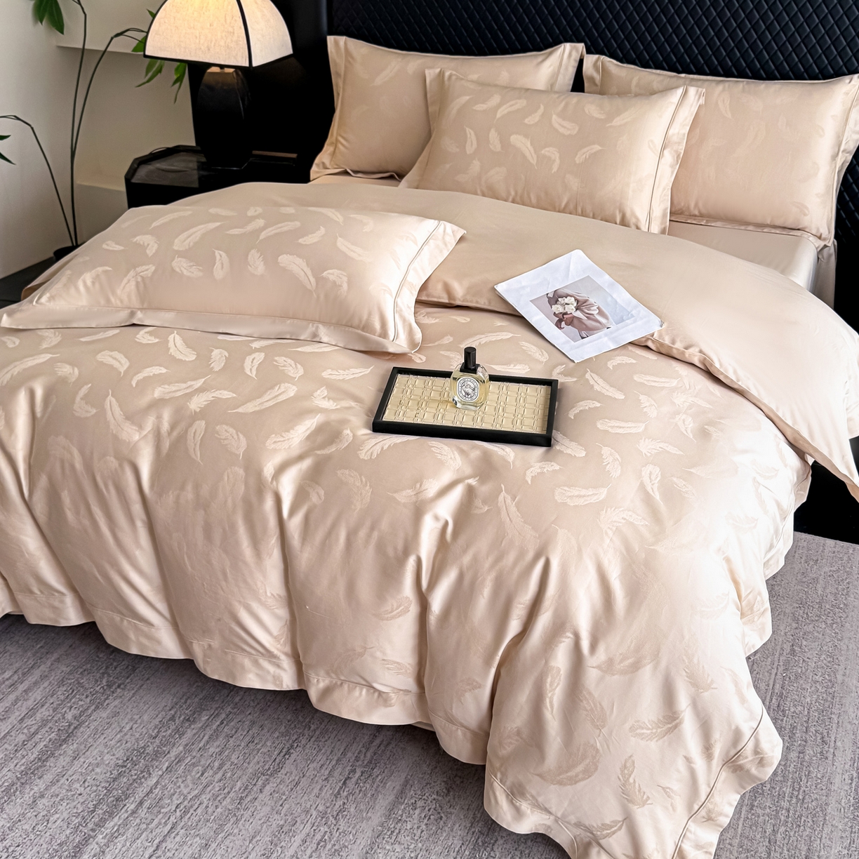 91家纺网 家纺一手货源 找家纺 森林雨 【翡-鎏光】2026高端双股50S新疆长绒棉提花埋绳工艺款四件套 轻羽-啤酒金