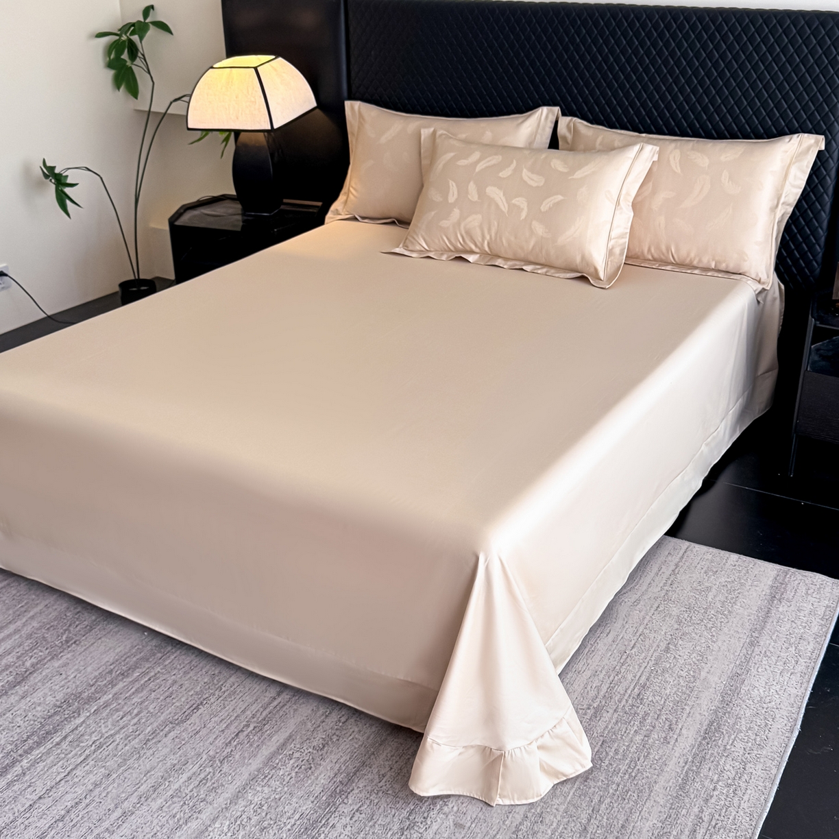 91家纺网 家纺一手货源 找家纺 森林雨 【翡-鎏光】2026高端双股50S新疆长绒棉提花埋绳工艺款四件套 轻羽-啤酒金