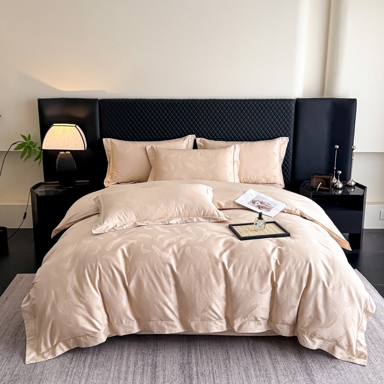 91家纺网 家纺一手货源 找家纺 森林雨 【翡-鎏光】2026高端双股50S新疆长绒棉提花埋绳工艺款四件套 轻羽-啤酒金