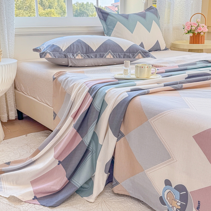 91家纺网 家纺一手货源 找家纺 禧安居 2025新款高支高密活性印染全棉印花床单单床单（支持定制尺寸）（支持定制尺寸）几何飞船