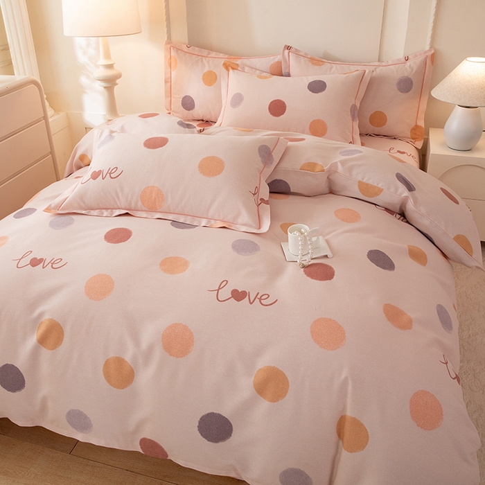 91家纺网 家纺一手货源 找家纺 磨毛世家家纺 2026新款铂金磨毛纯棉加厚全棉磨毛四件套 波点-粉