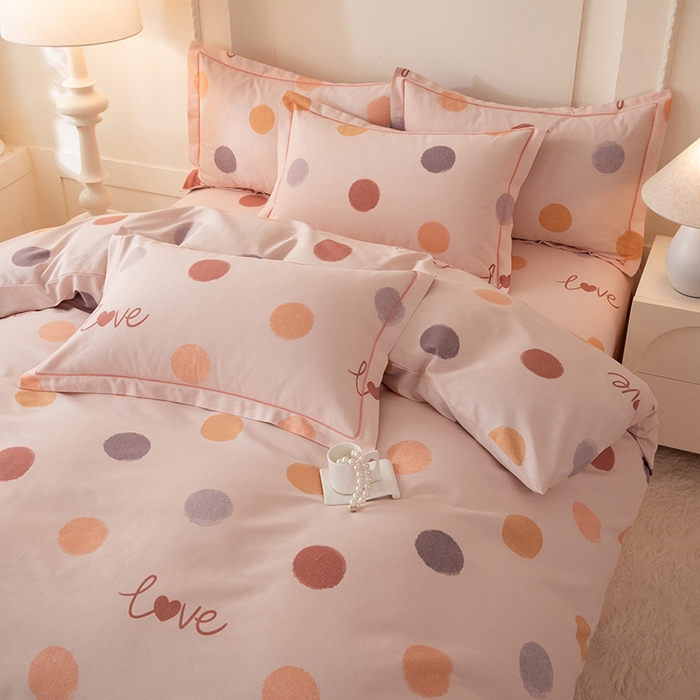 91家纺网 家纺一手货源 找家纺 磨毛世家家纺 2026新款铂金磨毛纯棉加厚全棉磨毛四件套 波点-粉