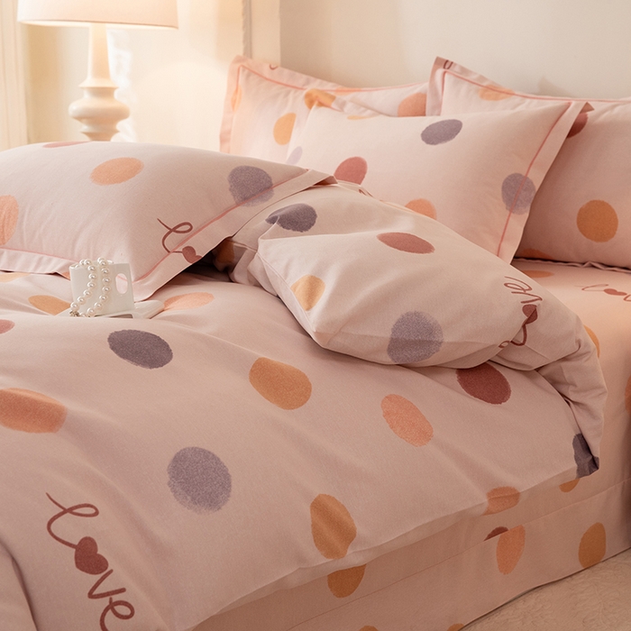 91家纺网 家纺一手货源 找家纺 磨毛世家家纺 2026新款铂金磨毛纯棉加厚全棉磨毛四件套 波点-粉