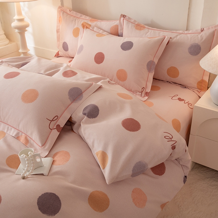 91家纺网 家纺一手货源 找家纺 磨毛世家家纺 2026新款铂金磨毛纯棉加厚全棉磨毛四件套 波点-粉