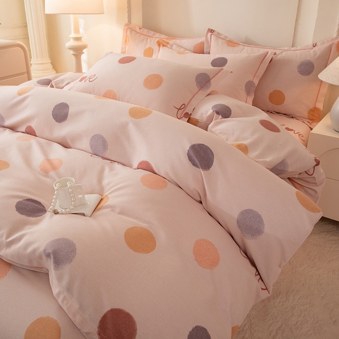 91家纺网 家纺一手货源 找家纺 磨毛世家家纺 2026新款铂金磨毛纯棉加厚全棉磨毛四件套 波点-粉