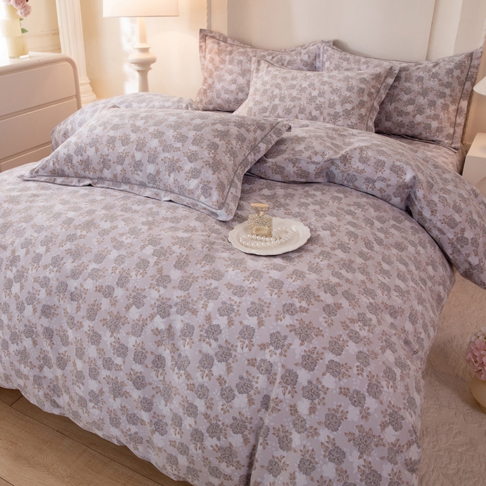 91家纺网 家纺一手货源 找家纺 磨毛世家家纺 2026新款铂金磨毛纯棉加厚全棉磨毛四件套 花团锦簇-灰