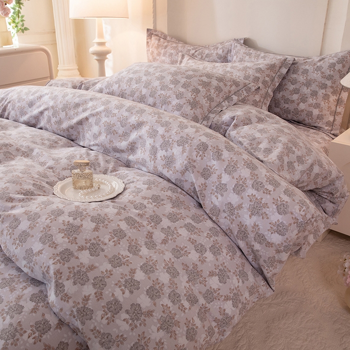 91家纺网 家纺一手货源 找家纺 磨毛世家家纺 2026新款铂金磨毛纯棉加厚全棉磨毛四件套 花团锦簇-灰